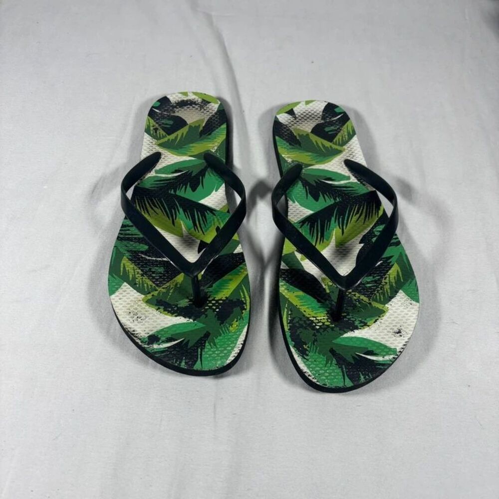 Tropical Green Leaf Print Flip Flops | Black Strap Beach Sandals